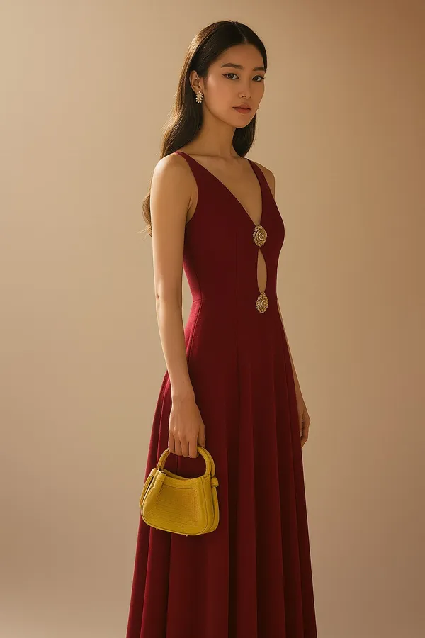 Maroon_Premium_V-Neck_Cutout_Embellished_Dress_For_Women