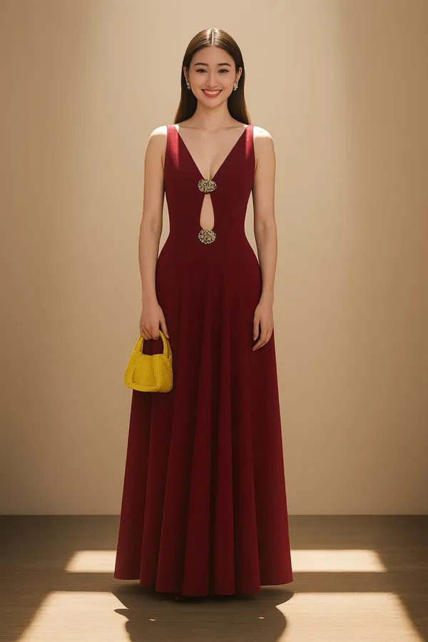 Maroon_Premium_V-Neck_Cutout_Embellished_Dress_For_Women
