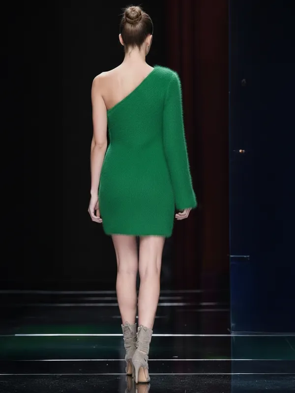 Green_One-Shoulder_Fur_Bodycon_Mini_Dress_For_Women