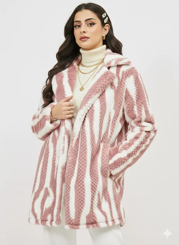 Pink_Premium_Fur_Striped_Overcoat_For_Women