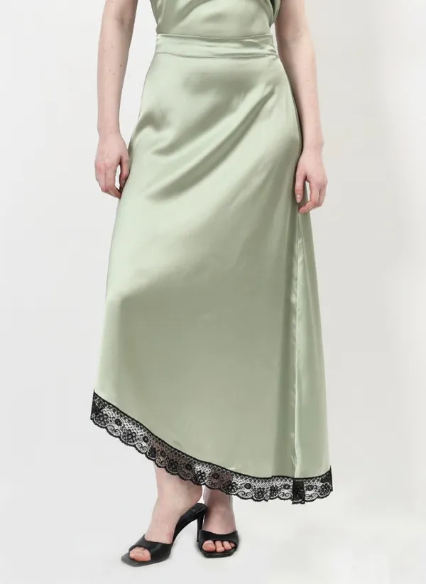 Green_Lace_Asymmetric_Satin_Skirt