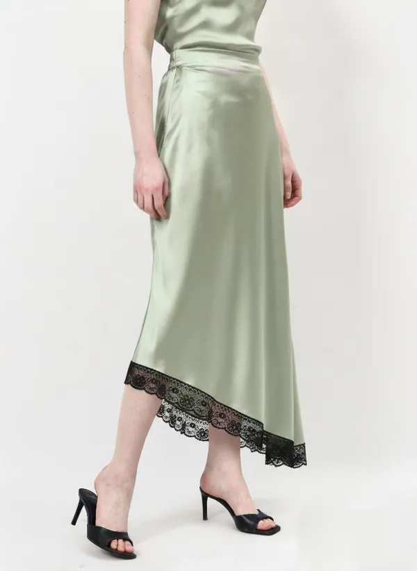 Green_Lace_Asymmetric_Satin_Skirt