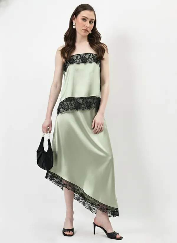 Green_Lace_Asymmetric_Satin_Skirt