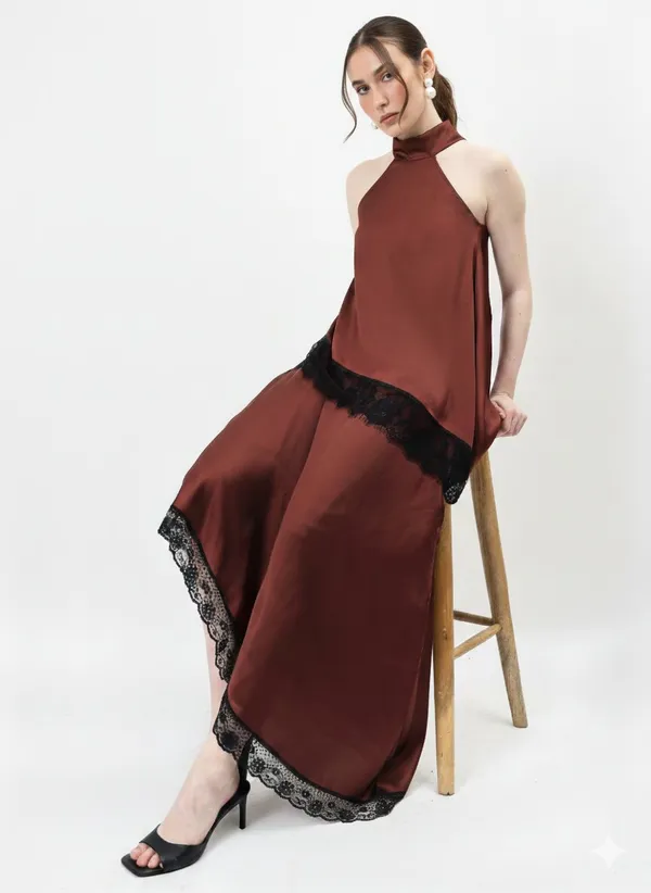 Brown_Lace_Asymmteric_Satin_Skirt