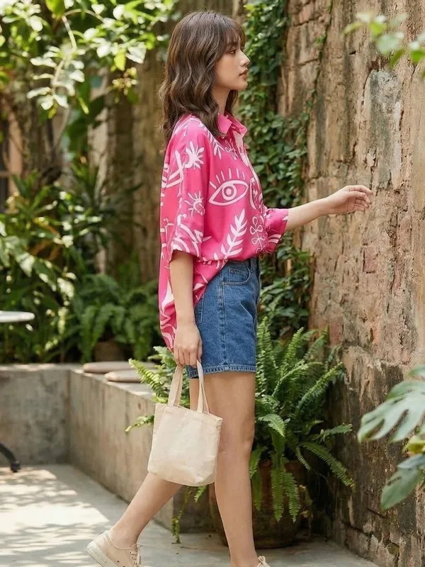 Pink_&_White_Abstract_Printed_Linen_Shirt_Style_Top_For_Women
