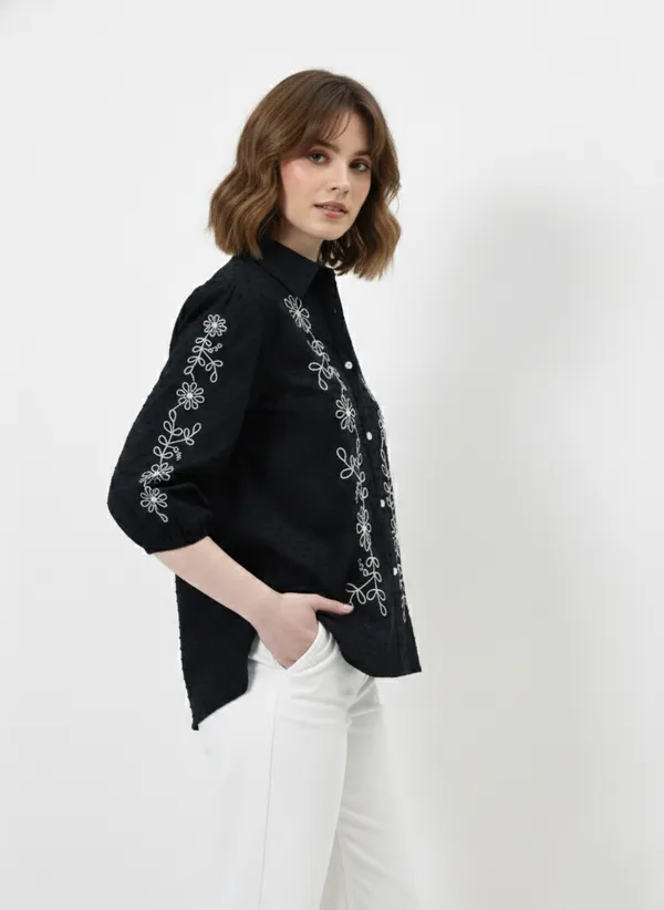 Black_Embroidered_Cotton_Dobby_Shirt_For_Women