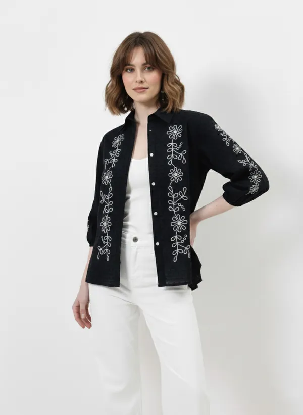 Black_Embroidered_Cotton_Dobby_Shirt_For_Women