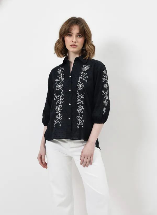 Black_Embroidered_Cotton_Dobby_Shirt_For_Women