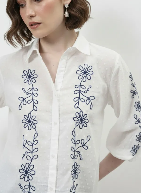 White_&_Blue_Embroidered_Cotton_Dobby_Shirt_For_Women