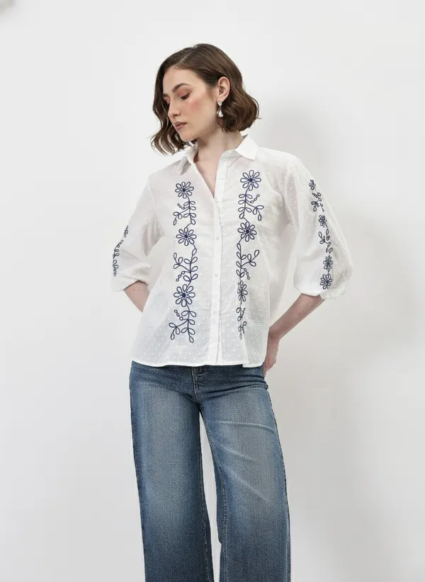 White_&_Blue_Embroidered_Cotton_Dobby_Shirt_For_Women