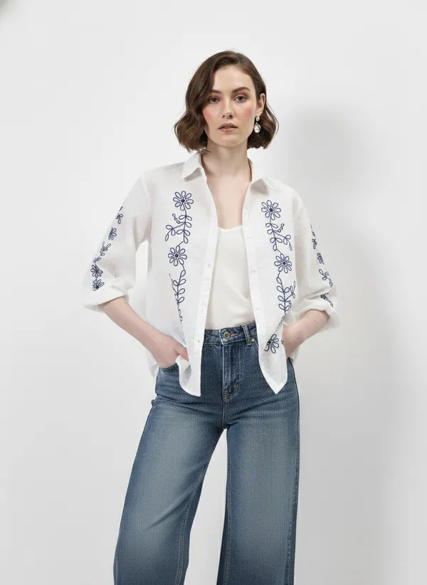 White_&_Blue_Embroidered_Cotton_Dobby_Shirt_For_Women