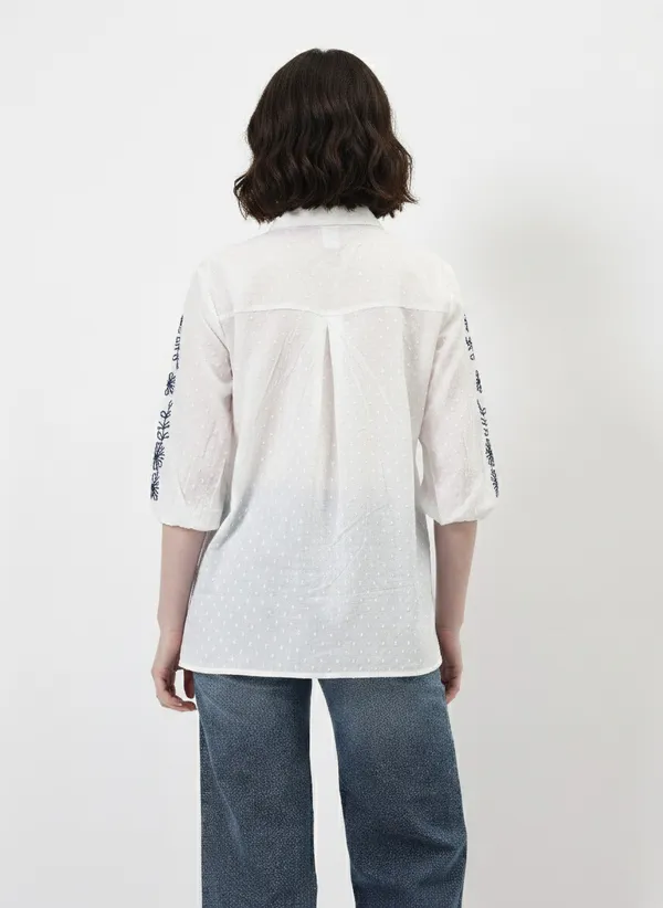 White_&_Blue_Embroidered_Cotton_Dobby_Shirt_For_Women