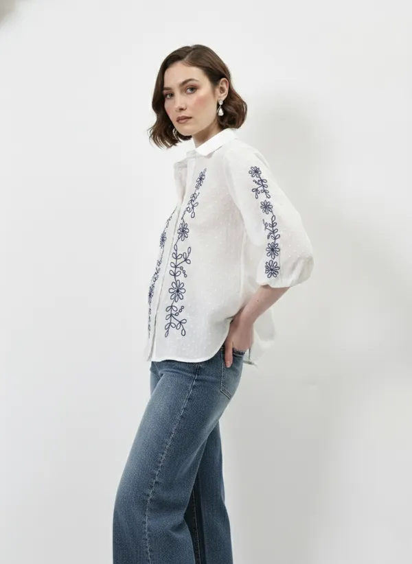 White_&_Blue_Embroidered_Cotton_Dobby_Shirt_For_Women