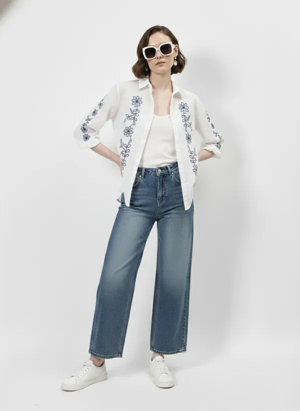 White_&_Blue_Embroidered_Cotton_Dobby_Shirt_For_Women