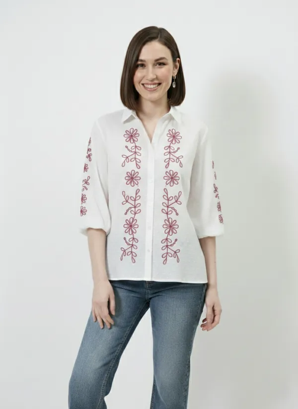 White_&_Pink_Embroidered_Cotton_Dobby_Shirt_For_Women