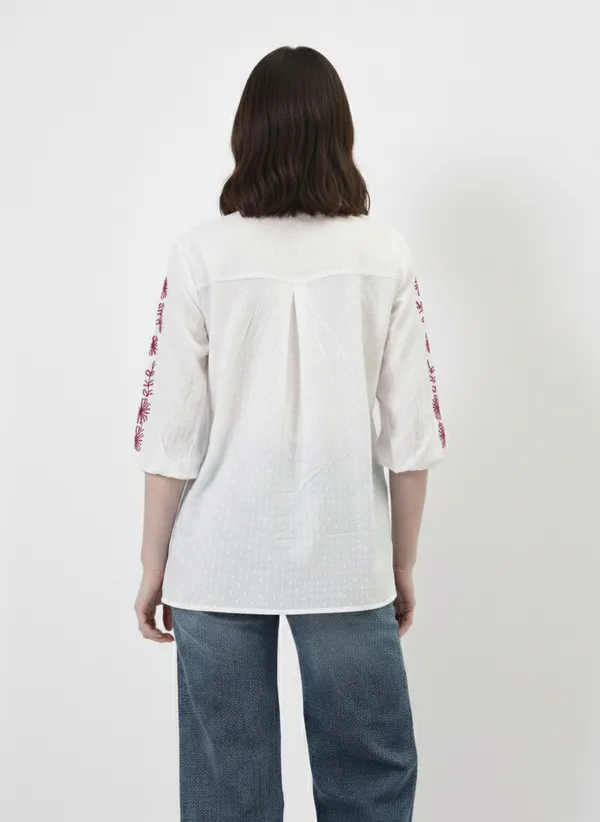 White_&_Pink_Embroidered_Cotton_Dobby_Shirt_For_Women