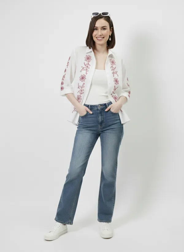 White_&_Pink_Embroidered_Cotton_Dobby_Shirt_For_Women