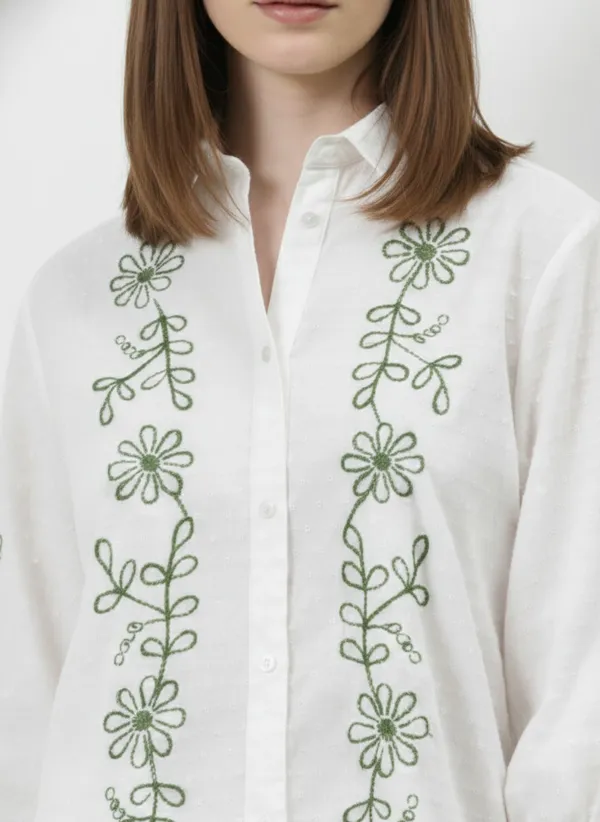 White_&_Green_Embroidered_Cotton_Dobby_Shirt_For_Women