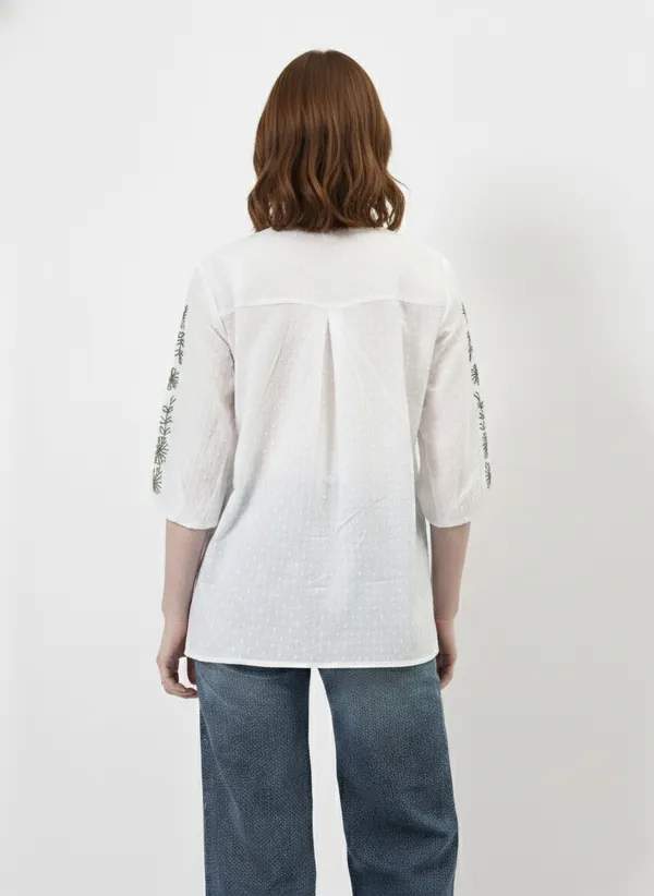 White_&_Green_Embroidered_Cotton_Dobby_Shirt_For_Women