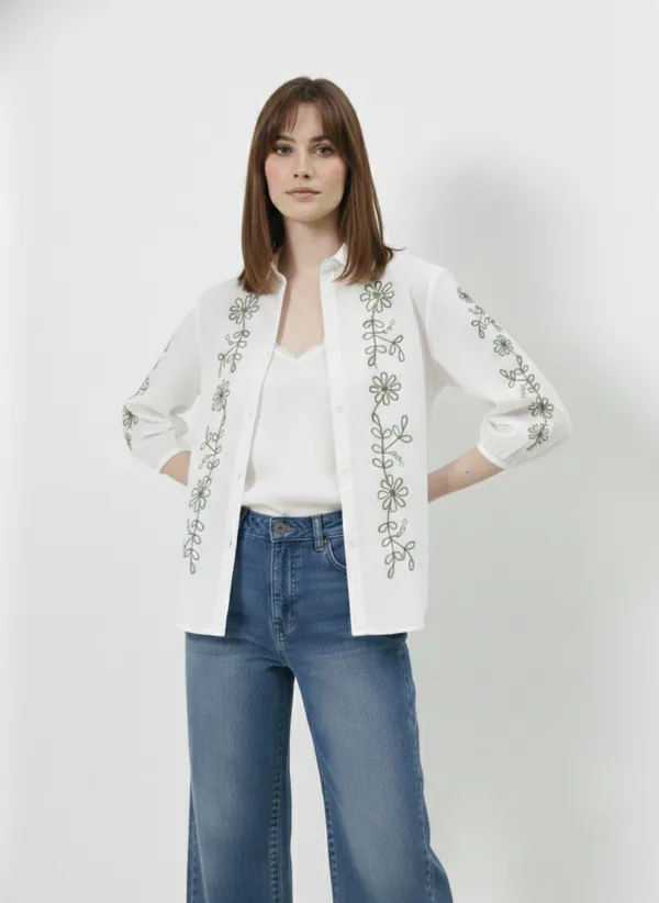 White_&_Green_Embroidered_Cotton_Dobby_Shirt_For_Women