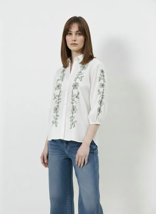 White_&_Green_Embroidered_Cotton_Dobby_Shirt_For_Women