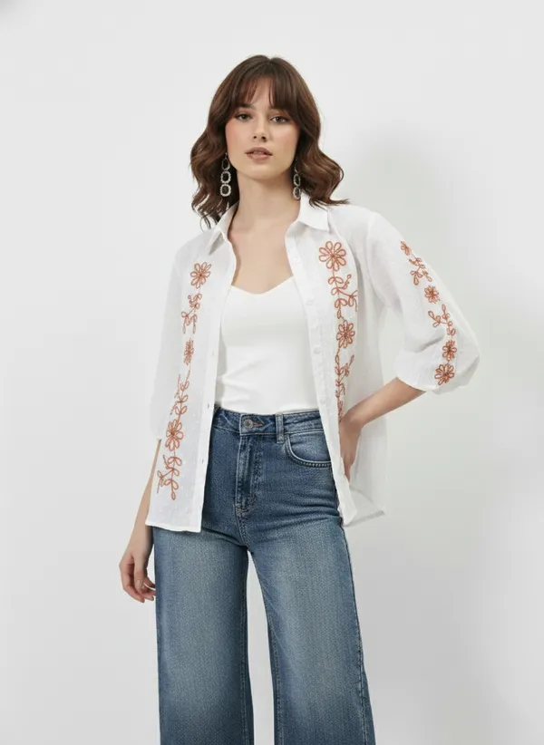 White_&_Rust_Embroidered_Cotton_Dobby_Shirt_For_Women
