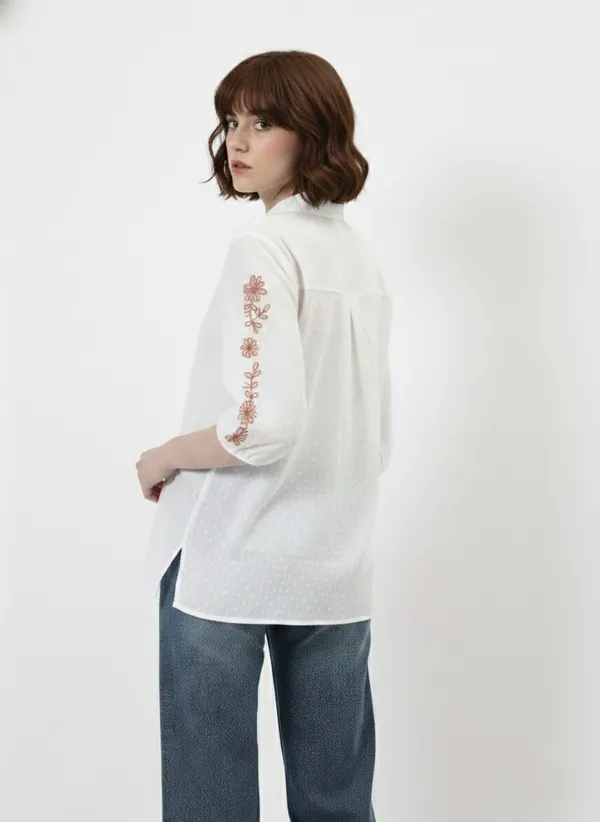 White_&_Rust_Embroidered_Cotton_Dobby_Shirt_For_Women