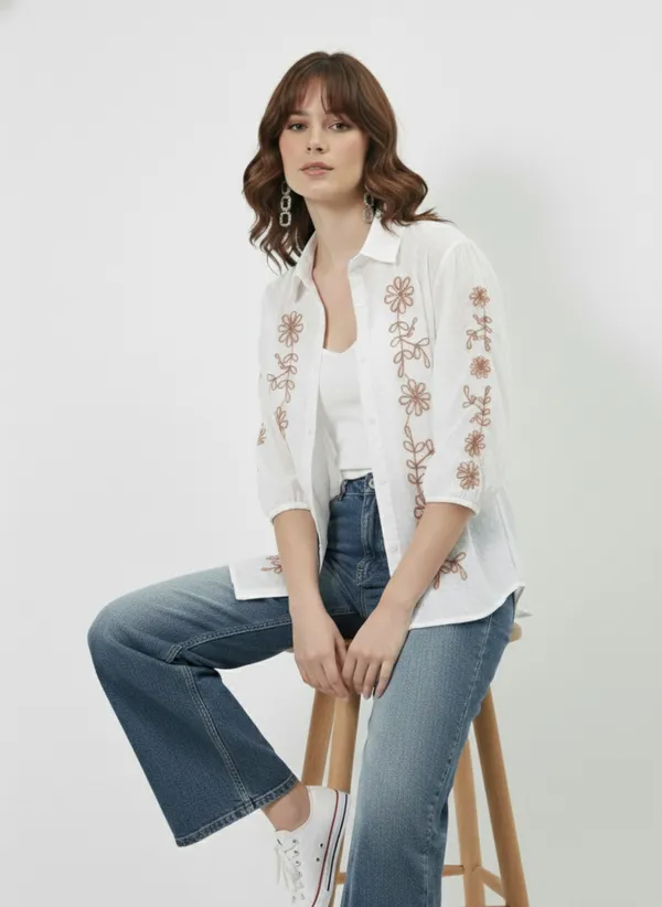 White_&_Rust_Embroidered_Cotton_Dobby_Shirt_For_Women