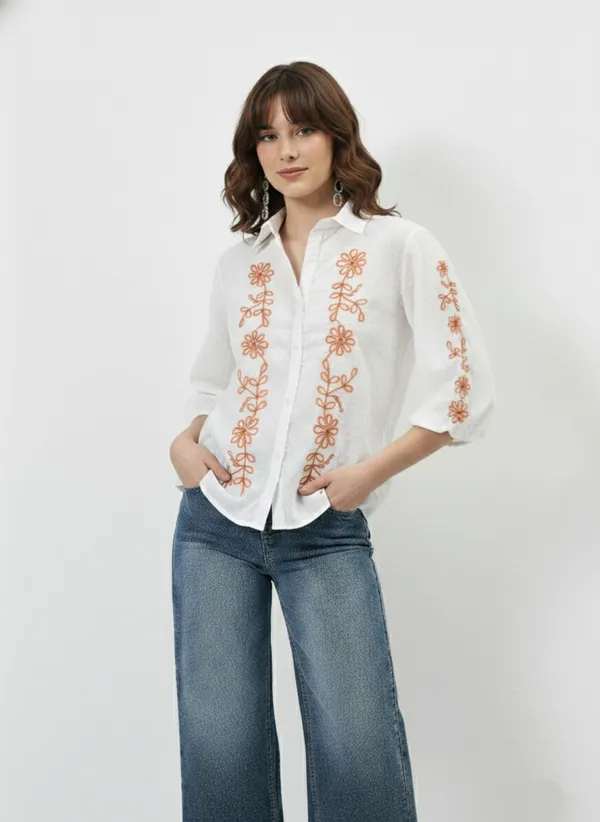 White_&_Rust_Embroidered_Cotton_Dobby_Shirt_For_Women