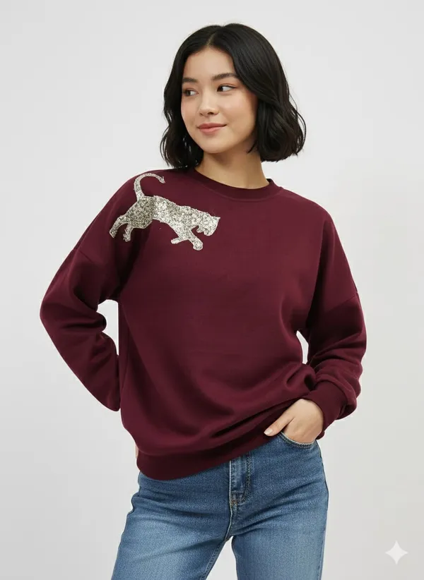 Burgundy_Premium_Tiger_Embroidered_Sweatshirt_For_Women
