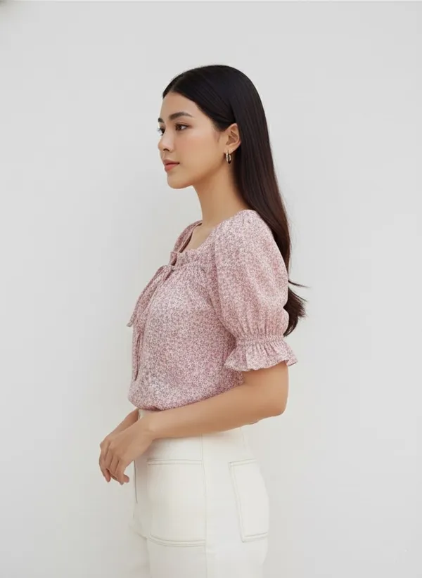 Peach_Floral_Printed_Tie-Up_Neck_Top_For_Women