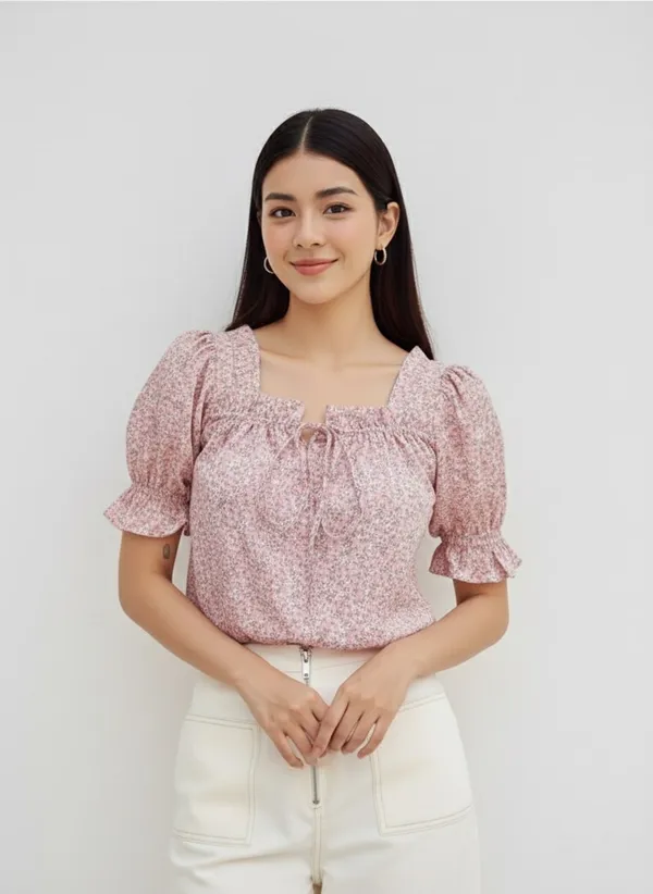 Peach_Floral_Printed_Tie-Up_Neck_Top_For_Women