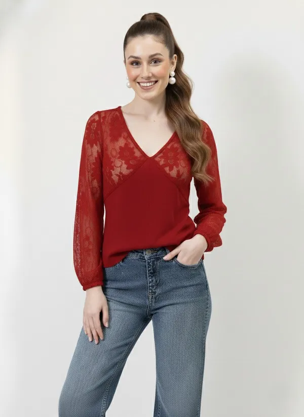 Red_V-Neck_Lace_Puff_Sleeves_Top_For_Women