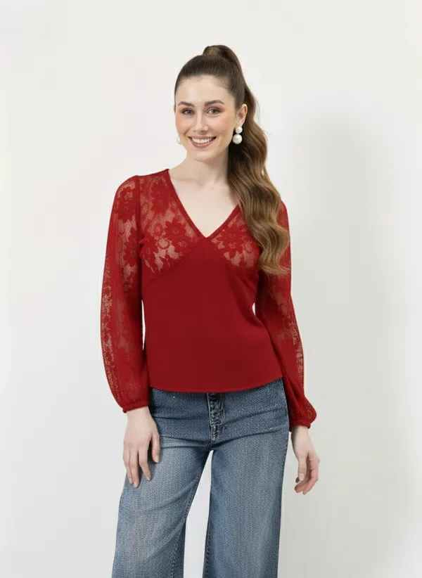 Red_V-Neck_Lace_Puff_Sleeves_Top_For_Women
