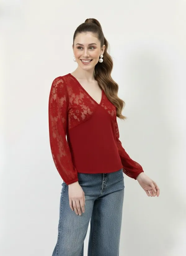 Red_V-Neck_Lace_Puff_Sleeves_Top_For_Women