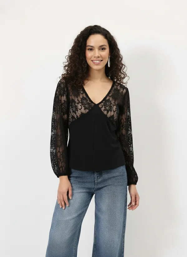 Black_V-Neck_Lace_Puff_Sleeves_Top_For_Women