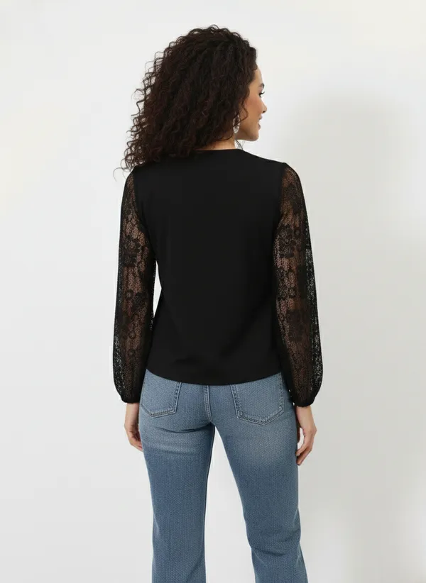 Black_V-Neck_Lace_Puff_Sleeves_Top_For_Women