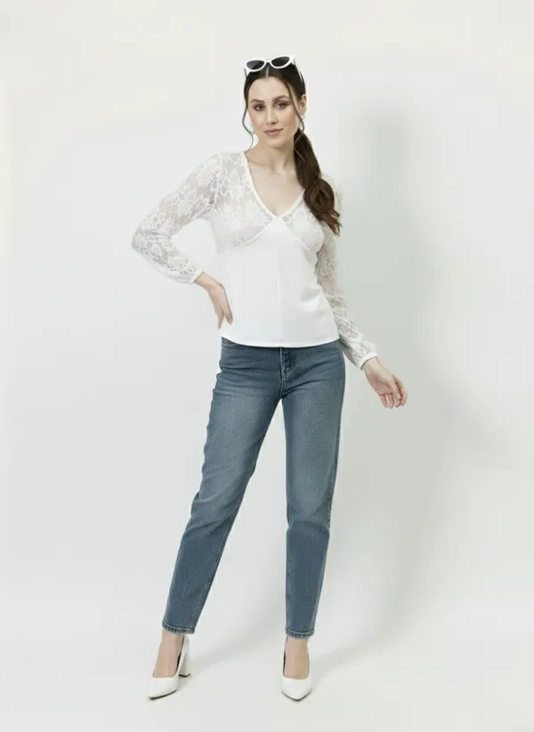 White_V-Neck_Lace_Puff_Sleeves_Top_For_Women