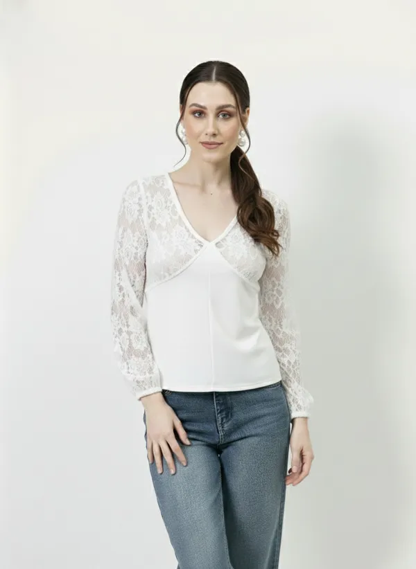 White_V-Neck_Lace_Puff_Sleeves_Top_For_Women