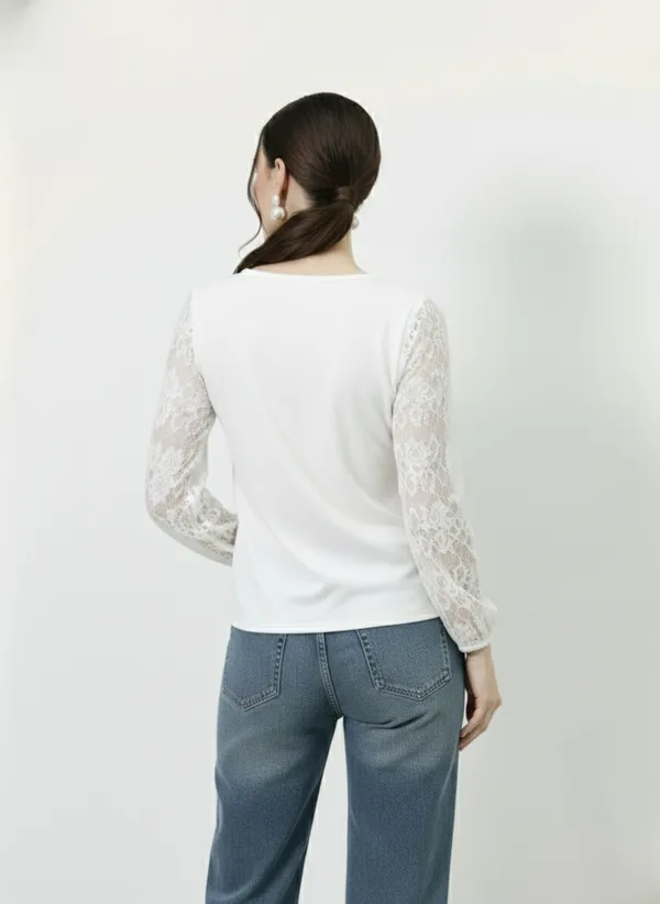 White_V-Neck_Lace_Puff_Sleeves_Top_For_Women