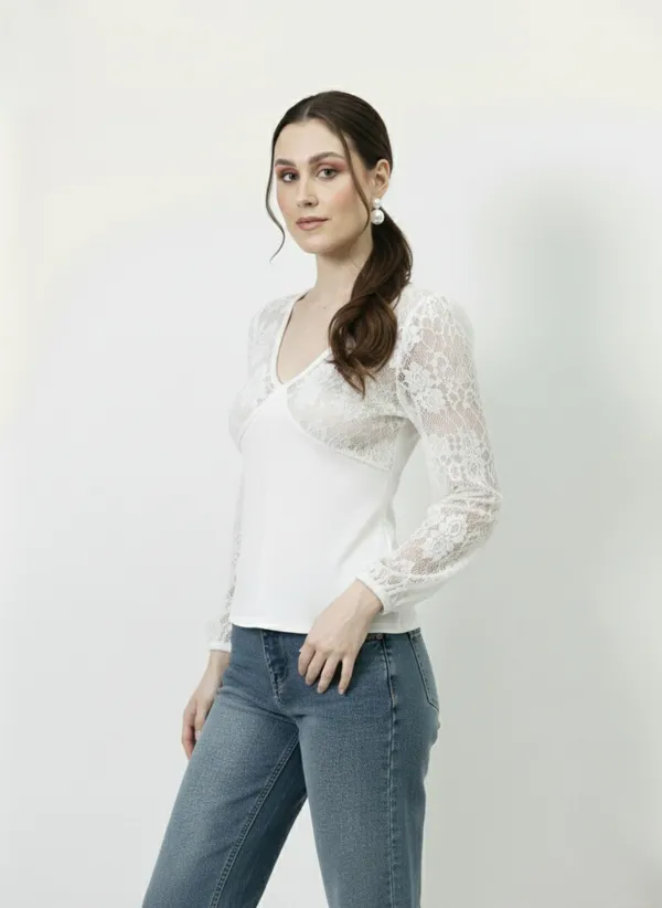 White_V-Neck_Lace_Puff_Sleeves_Top_For_Women