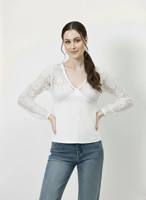 White_V-Neck_Lace_Puff_Sleeves_Top_For_Women