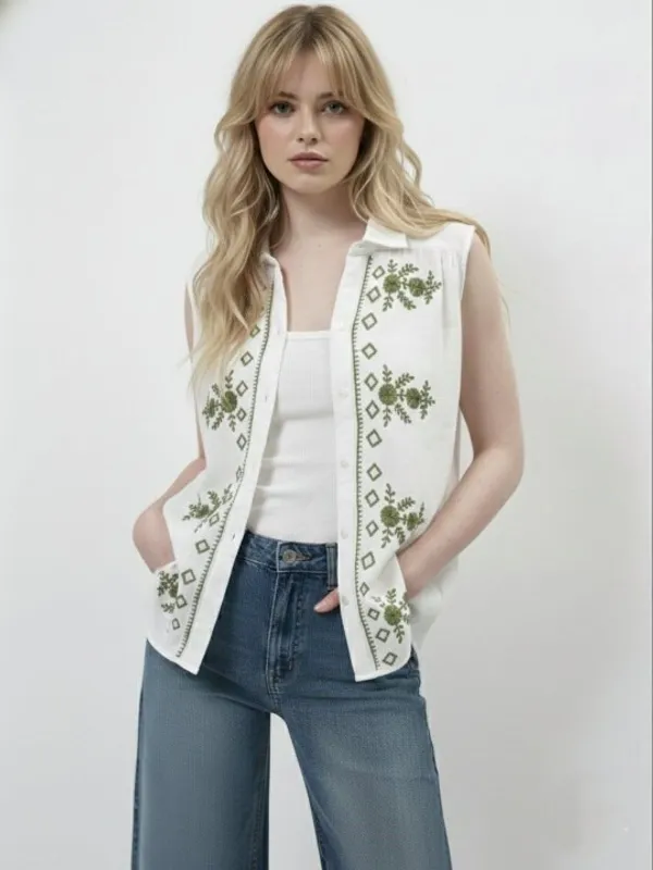 White_Cotton_Olive_Embroidered_Bohemian_Shirt_For_Women