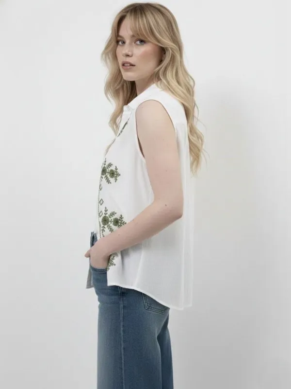 White_Cotton_Olive_Embroidered_Bohemian_Shirt_For_Women