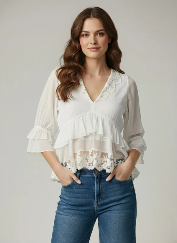 White_Georgette_Lace_Ruffles_Top_For_Women