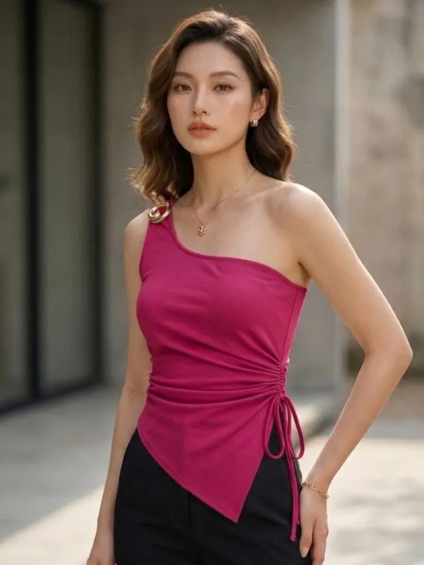 Fuchsia_Embellished_One-Shoulder_Top