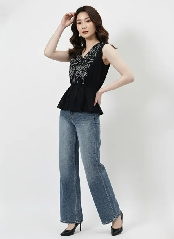 Black_Embroidered_V-Neck_Peplum_Top_For_Women