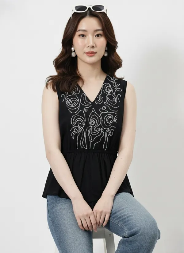 Black_Embroidered_V-Neck_Peplum_Top_For_Women