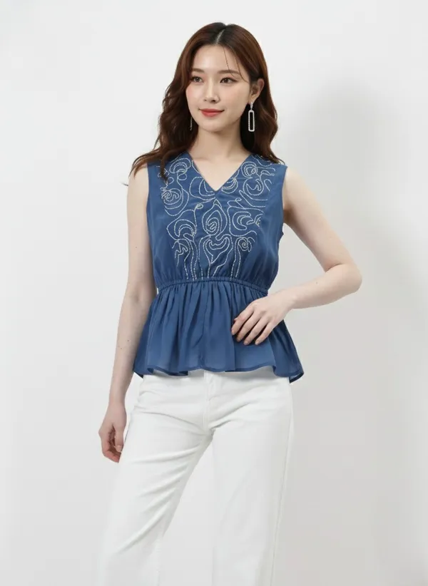 Blue_Embroidered_V-Neck_Peplum_Top_For_Women