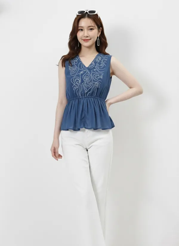 Blue_Embroidered_V-Neck_Peplum_Top_For_Women